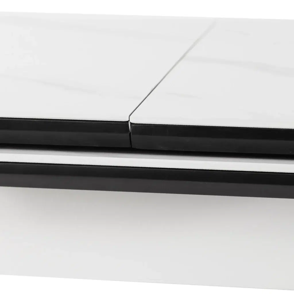 Mila Snow White Ceramic Extendable Dining Table with Marble Effect and Black Rubberwood Frame