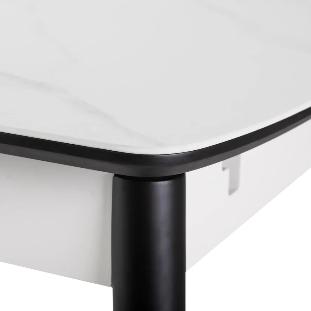 Mila Snow White Ceramic Extendable Dining Table with Marble Effect and Black Rubberwood Frame