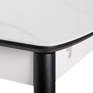 Mila Snow White Ceramic Extendable Dining Table with Marble Effect and Black Rubberwood Frame