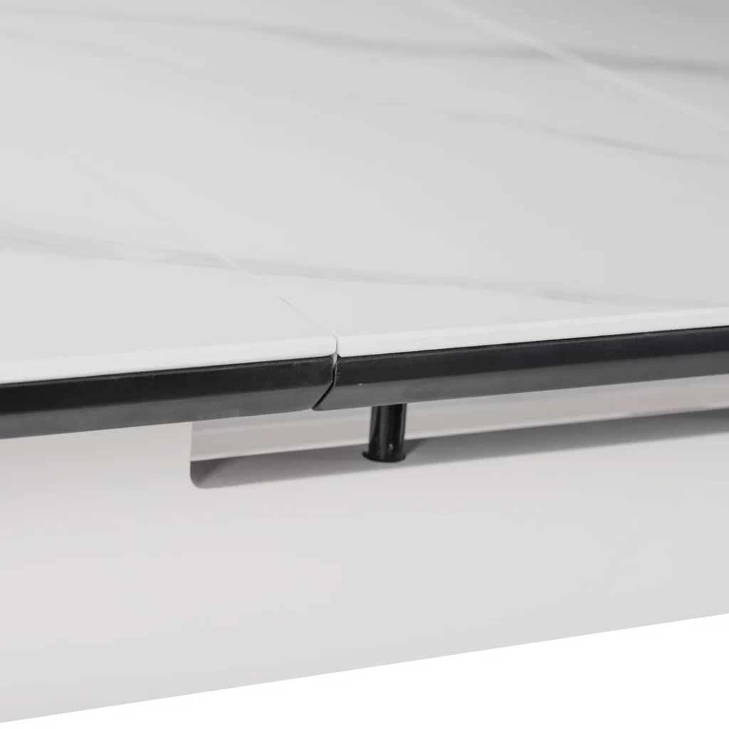 Mila Snow White Ceramic Extendable Dining Table with Marble Effect and Black Rubberwood Frame