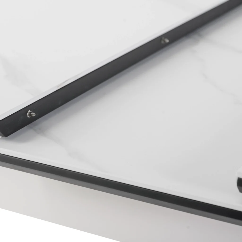 Mila Snow White Ceramic Extendable Dining Table with Marble Effect and Black Rubberwood Frame