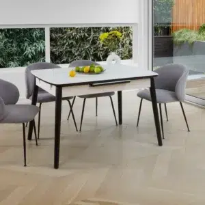 Mila Snow White Ceramic Extendable Dining Table with Marble Effect and Black Rubberwood Frame