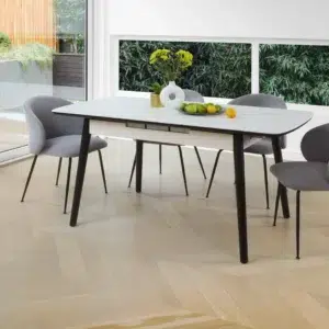 Mila Snow White Ceramic Extendable Dining Table with Marble Effect and Black Rubberwood Frame