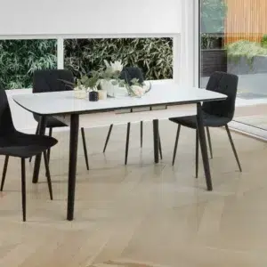 Mila Snow White Ceramic Extendable Dining Table with Marble Effect and Black Rubberwood Frame