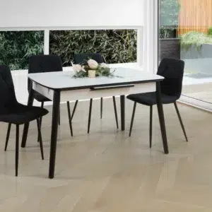 Mila Snow White Ceramic Extendable Dining Table with Marble Effect and Black Rubberwood Frame