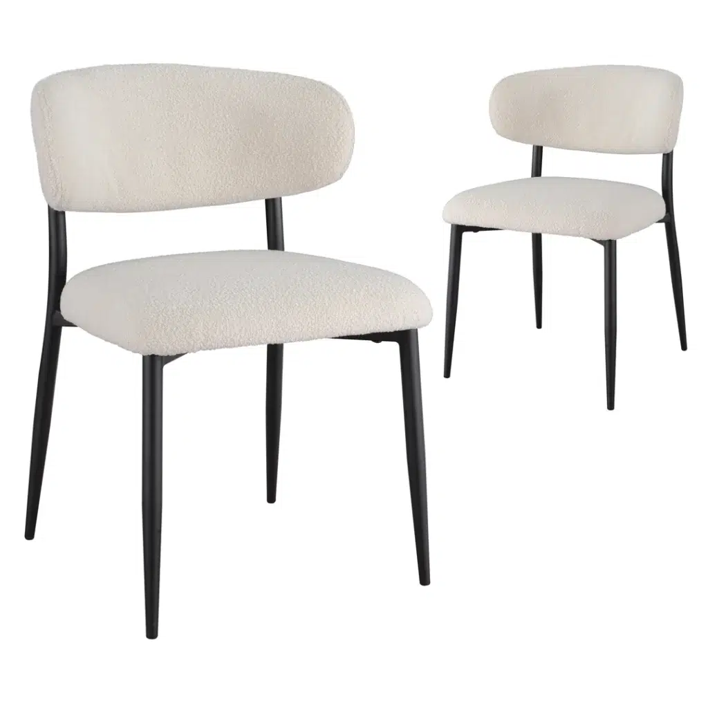 Off-white boucle dining chairs with black metal frame set of 2 modern ergonomic design