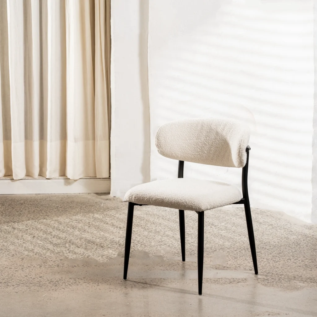 Off white boucle dining chairs with black metal frame set of 2 modern ergonomic design