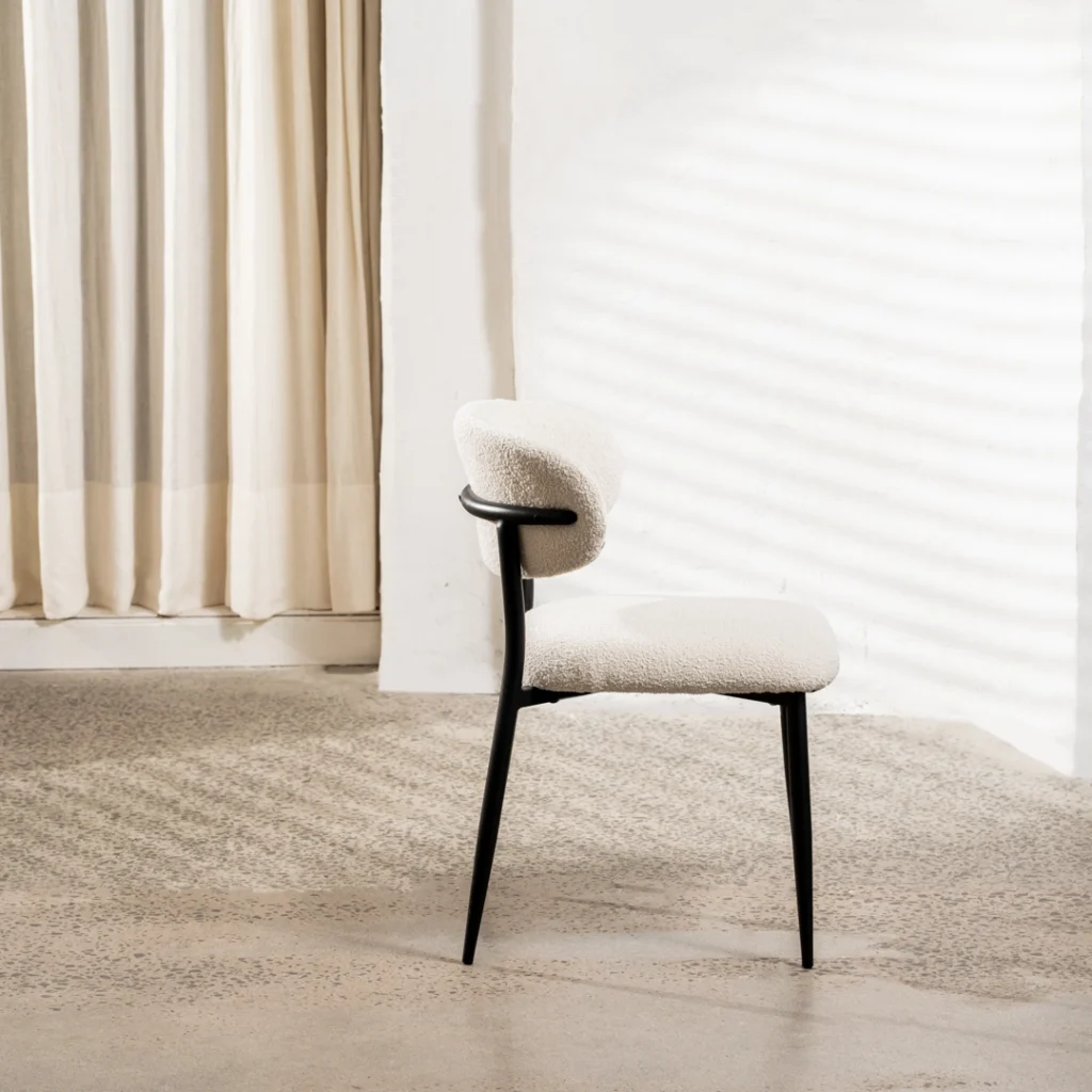 Off-white boucle dining chairs with black metal frame set of 2 modern ergonomic design