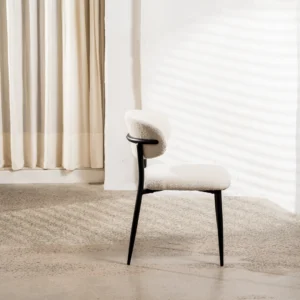 Off-white boucle dining chairs with black metal frame set of 2 modern ergonomic design