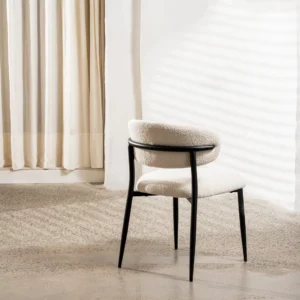 Off-white boucle dining chairs with black metal frame set of 2 modern ergonomic design