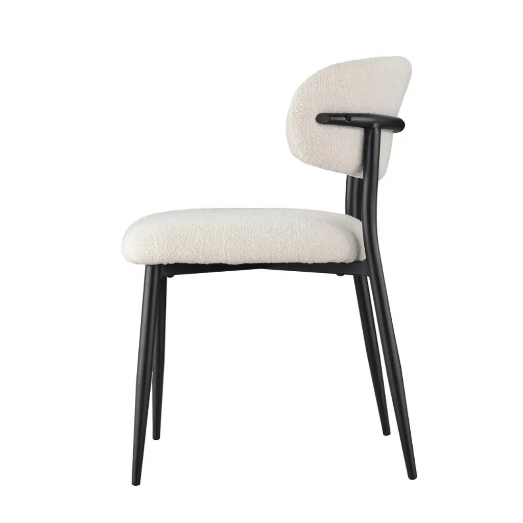 Off-white boucle dining chairs with black metal frame set of 2 modern ergonomic design