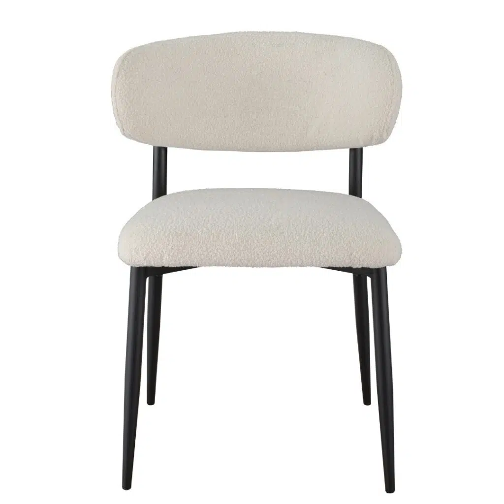 Off-white boucle dining chairs with black metal frame set of 2 modern ergonomic design