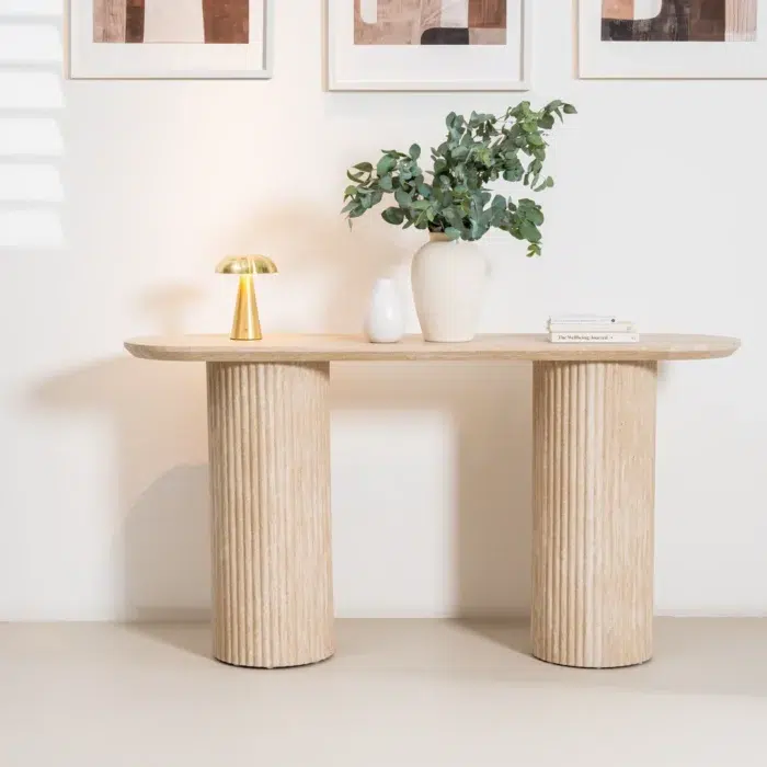 Milos Limestone Console Table with travertine finish for modern entryway or living room
