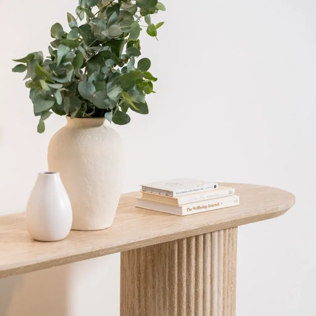Milos Limestone Console Table with travertine finish for modern entryway or living room