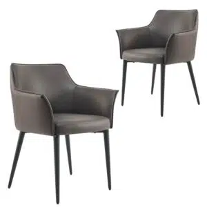 Grey modern dining chair set of 2 with black metal frame and PU leather upholstery