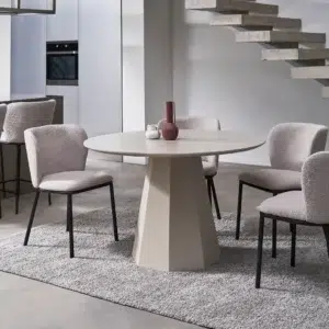 Monet dining table in putty finish with wine accent, modern minimalist design for small spaces