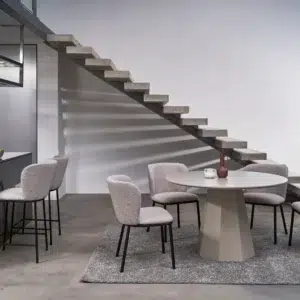 Monet dining table in putty finish with wine accent, modern minimalist design for small spaces