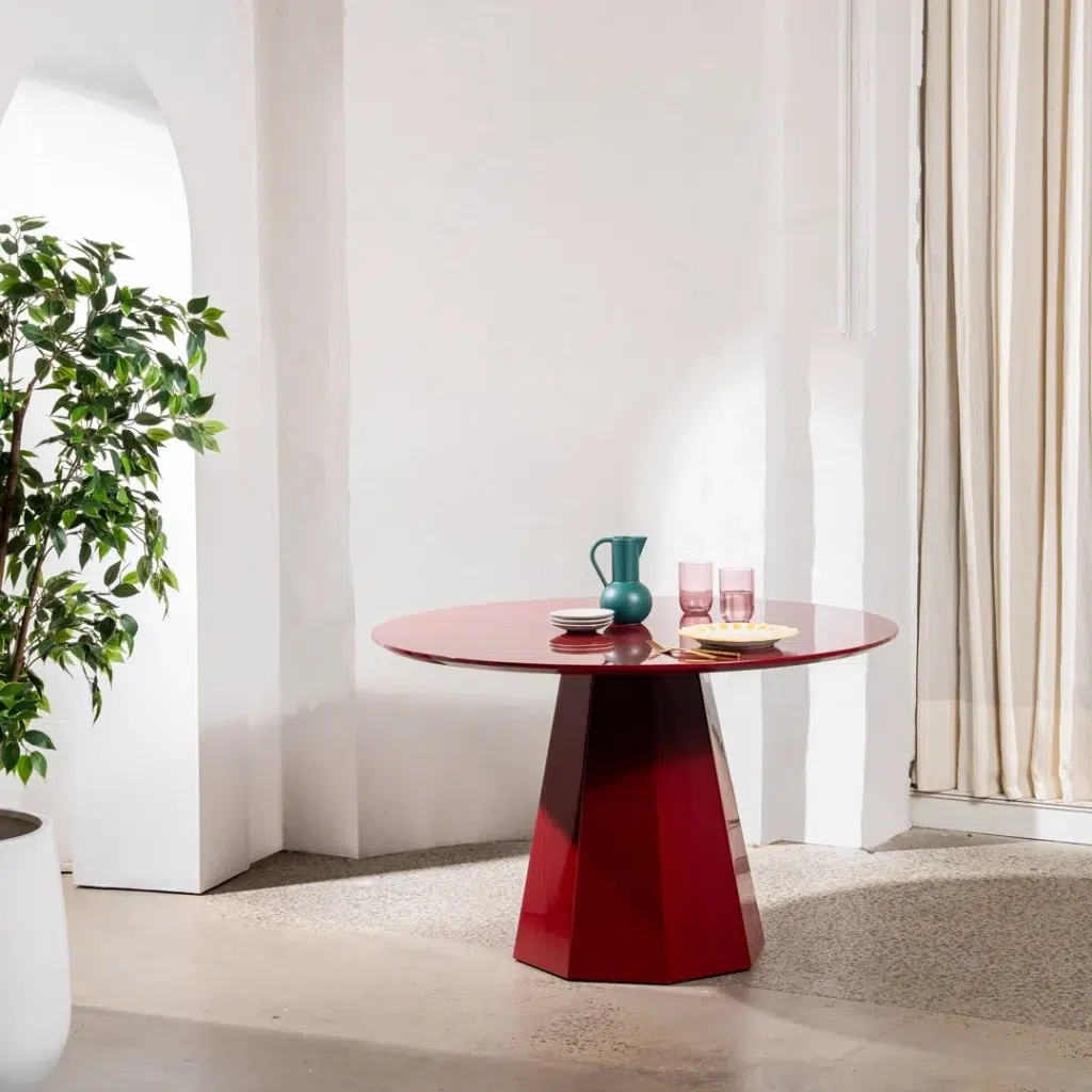 Monet dining table with wine-colored top and putty finish, modern MDF design for home dining