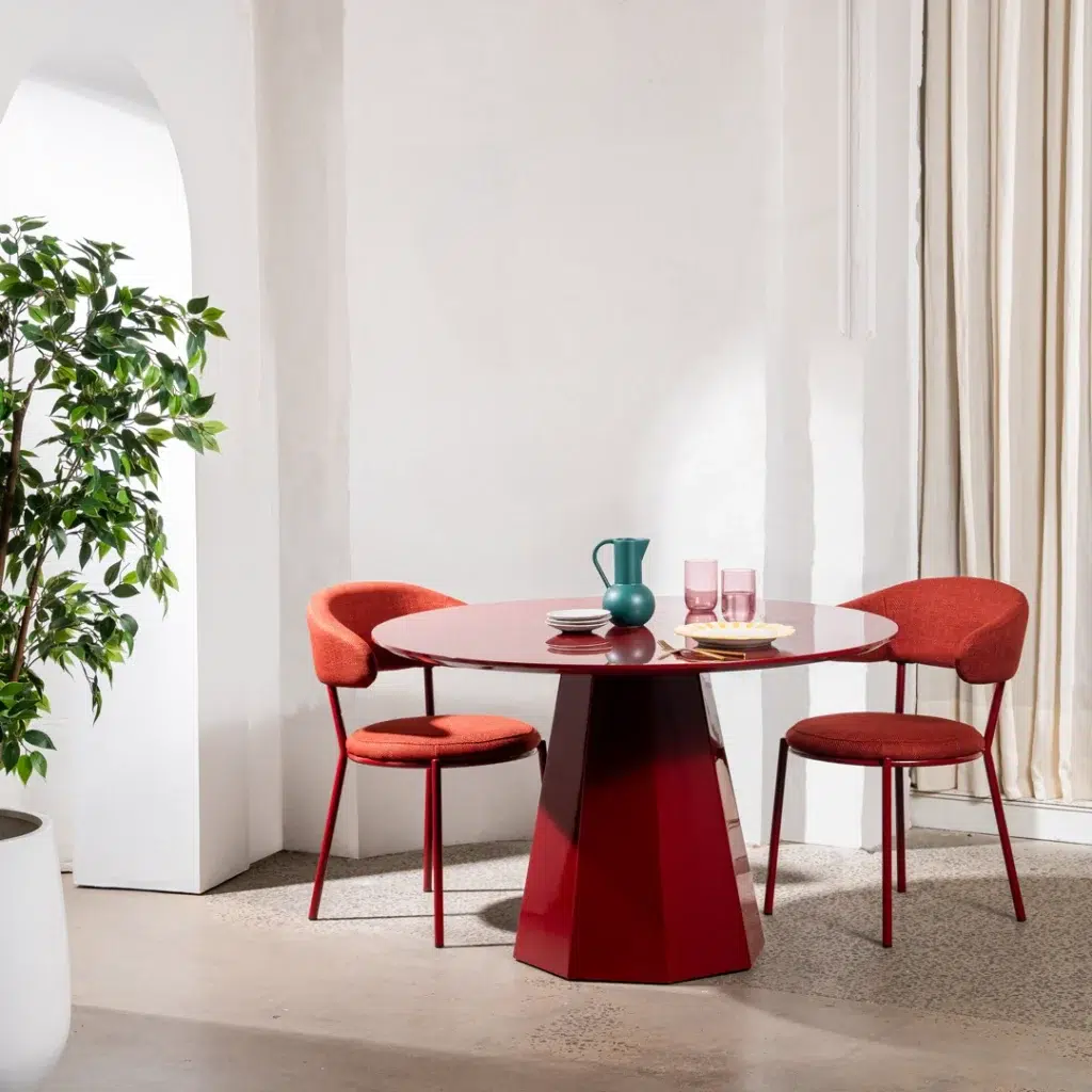 Monet Dining Table with wine-colored top and putty finish, modern MDF design for dining room