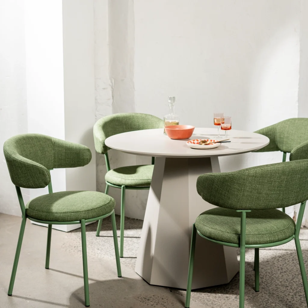 Monet Putty Dining Table with wine accent, modern minimalist design for small spaces