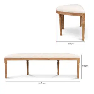 Milo 148cm oak bench with light beige upholstery and fluted wood legs for modern interiors