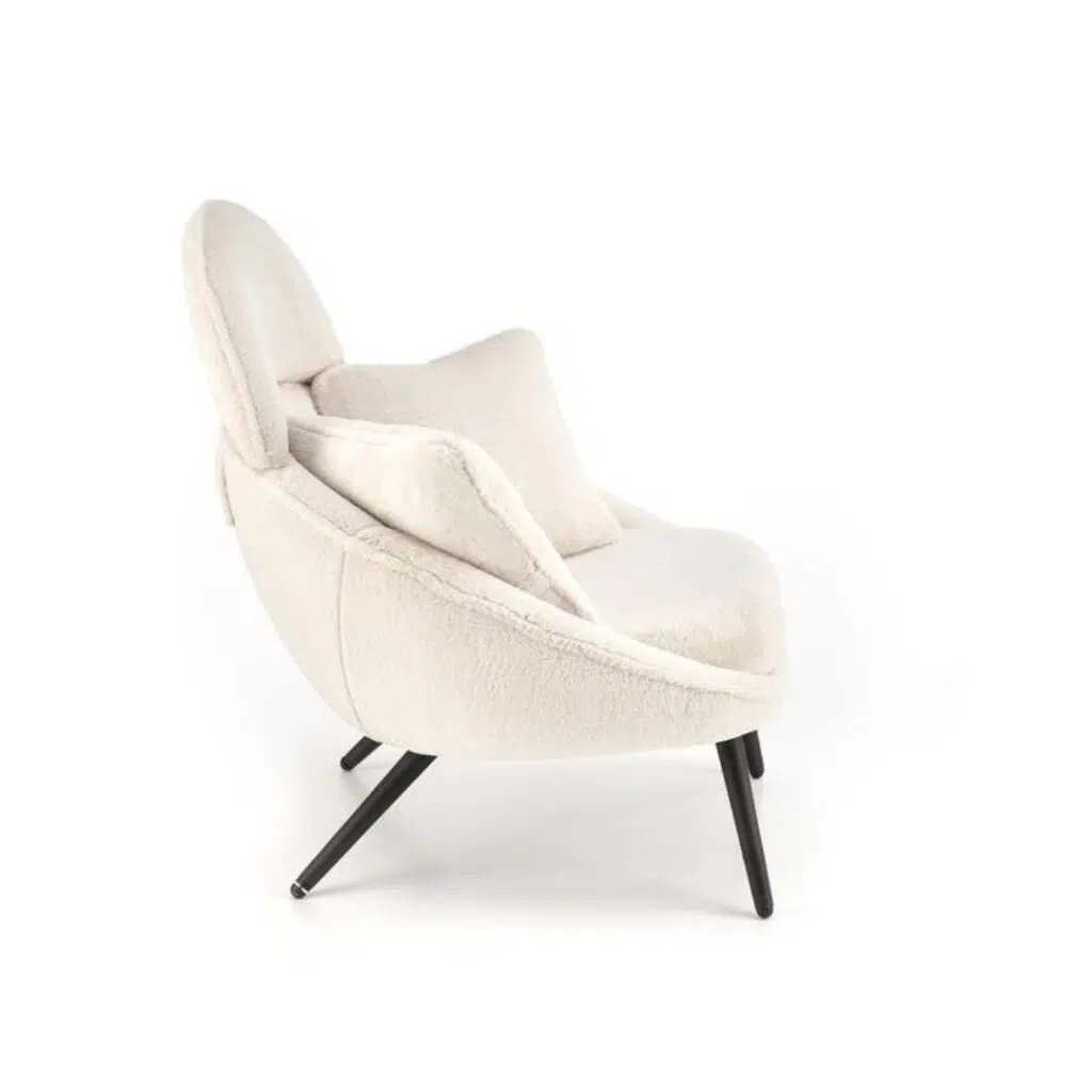 White boucle Morgan armchair with black legs and foam cushioning for modern elegance