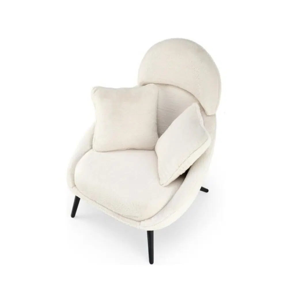 White Morgan armchair with black legs and modern boucle upholstery for stylish comfort