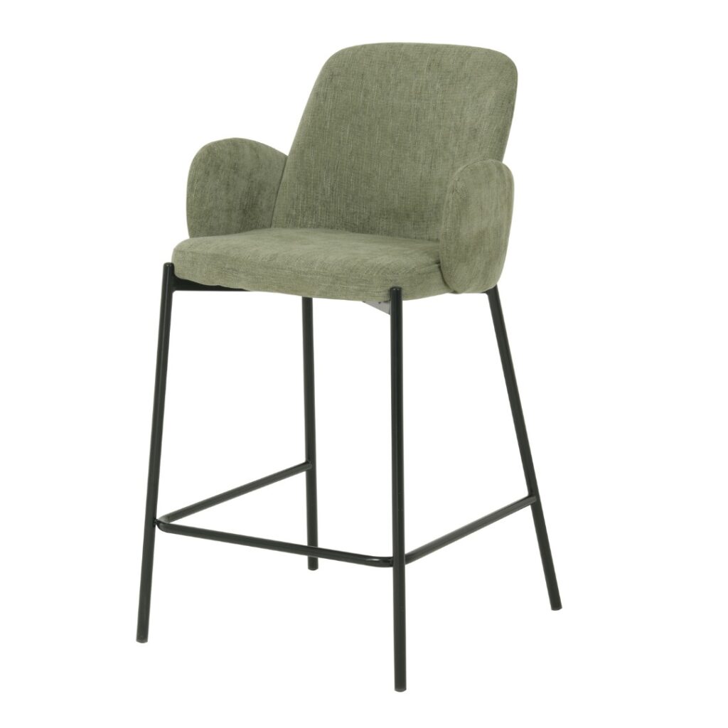 Sage knitted fabric bar stool set of 2 with black metal frame for modern kitchen or bar