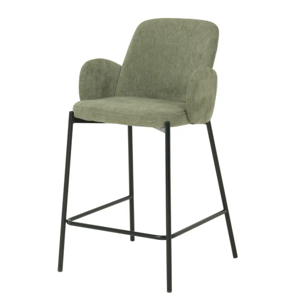 Sage knitted fabric bar stool set of 2 with black metal frame for modern kitchen or bar