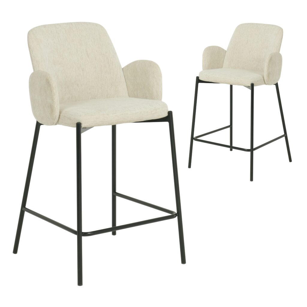Oat colored knitted bar stools set of 2 with black metal frame for modern kitchen or bar