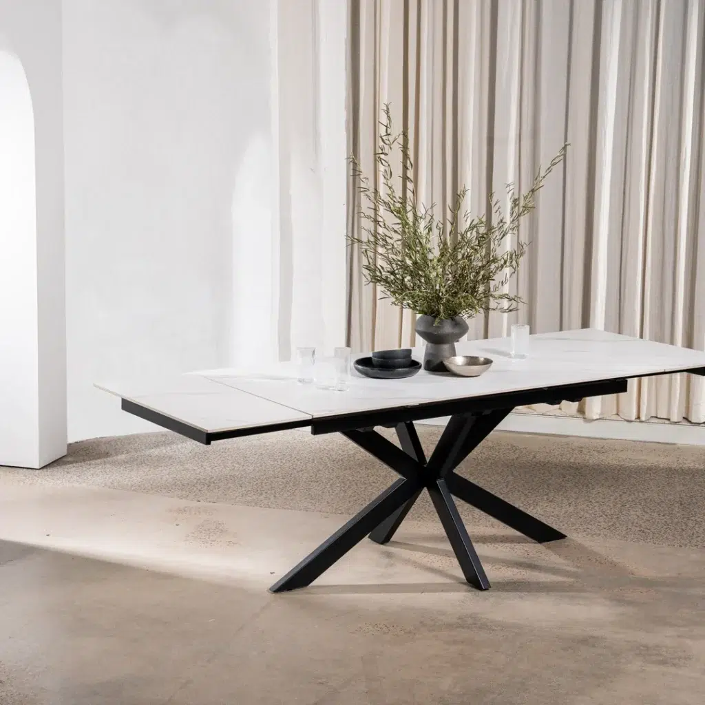 Newcastle Snow White Ceramic Extension Dining Table with Black Metal Base