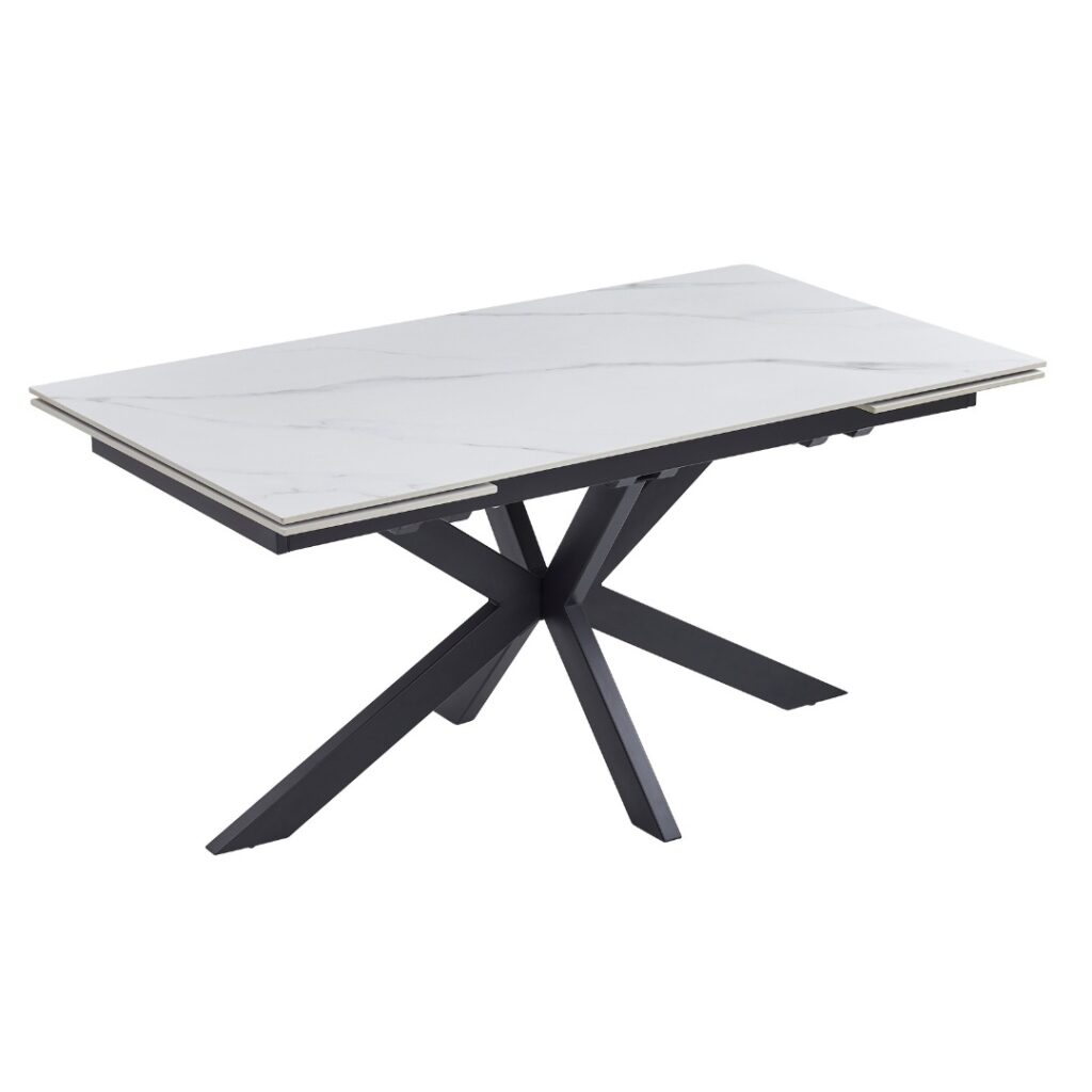 Newcastle Snow White Ceramic Extension Dining Table with Black Metal Base