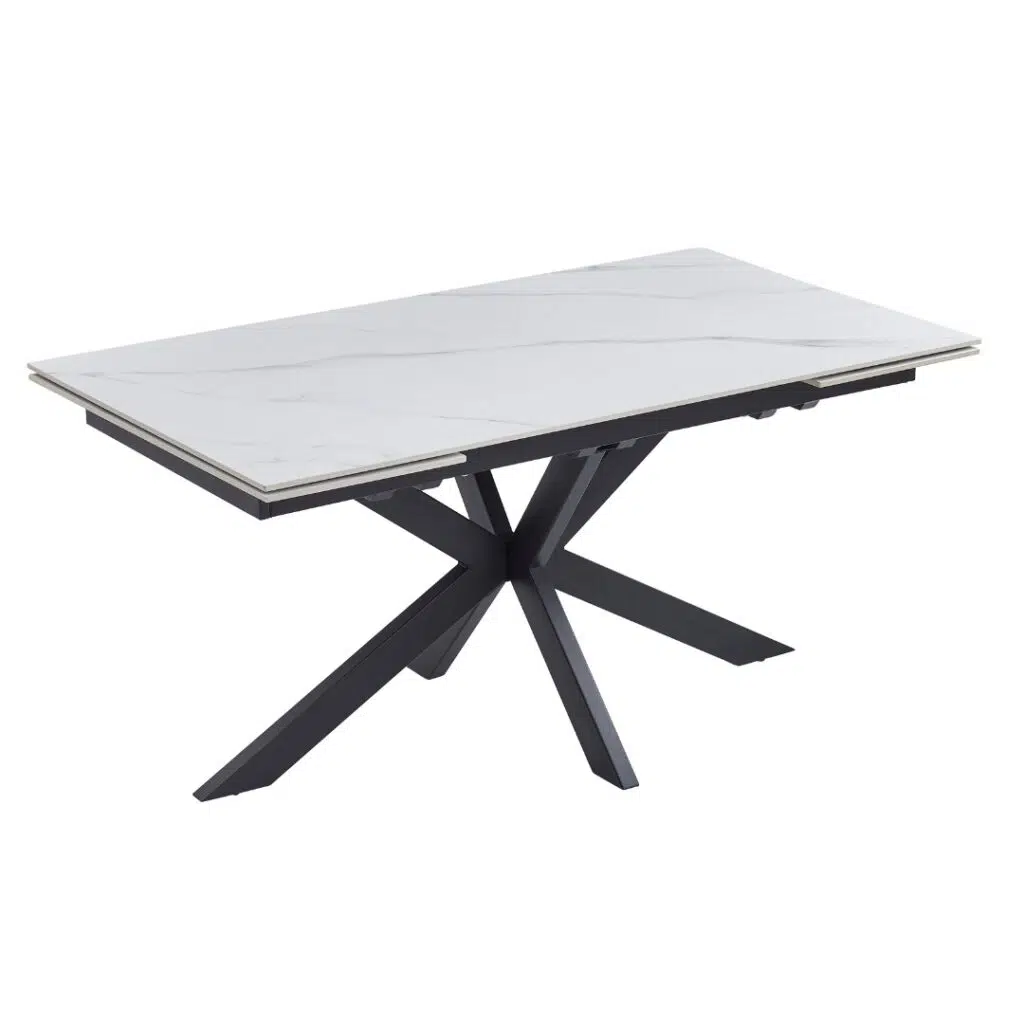 Newcastle Snow White Ceramic Extension Dining Table with Black Metal Base
