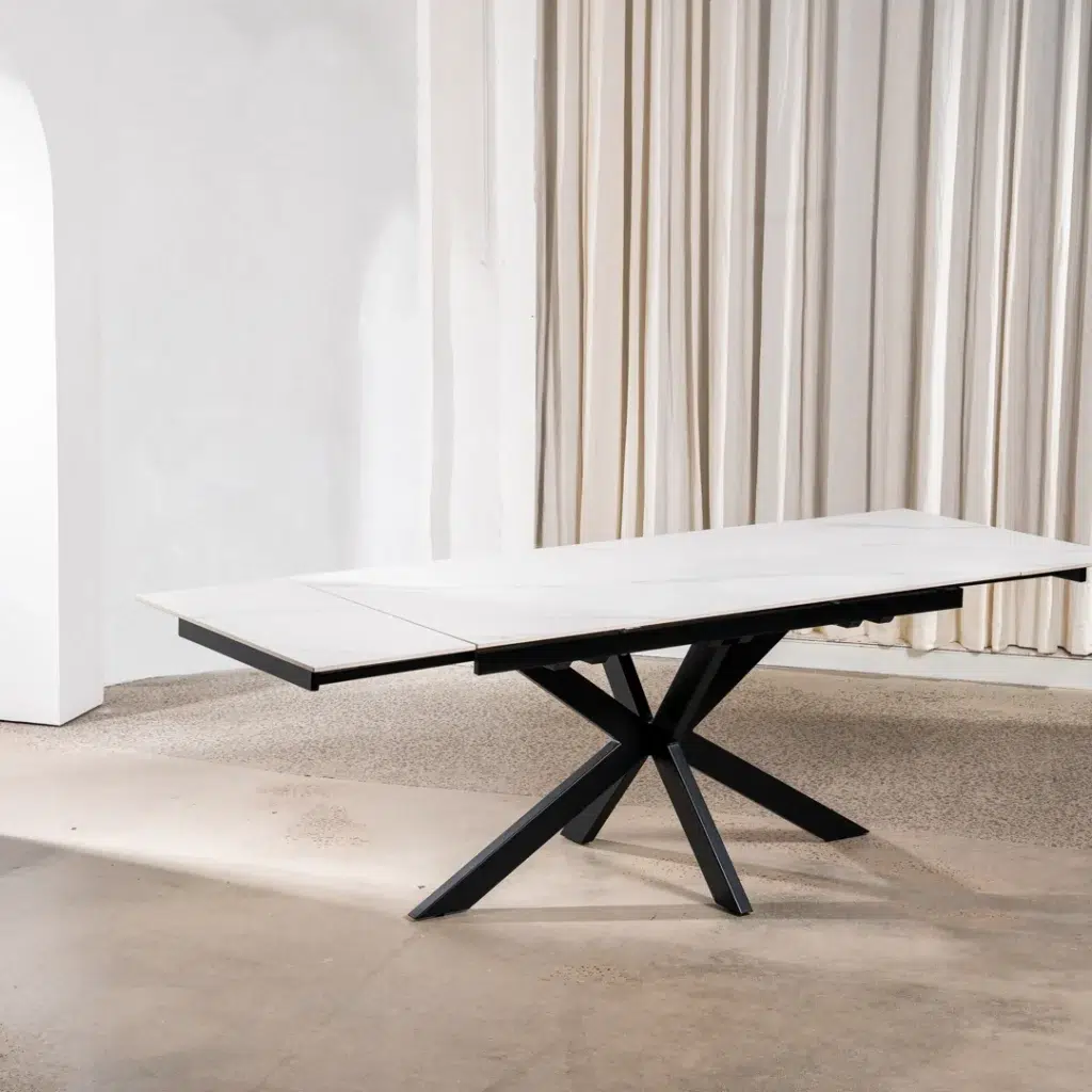 Newcastle Snow White Ceramic Extension Dining Table with Black Metal Base