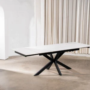 Newcastle Snow White Ceramic Extension Dining Table with Black Metal Base