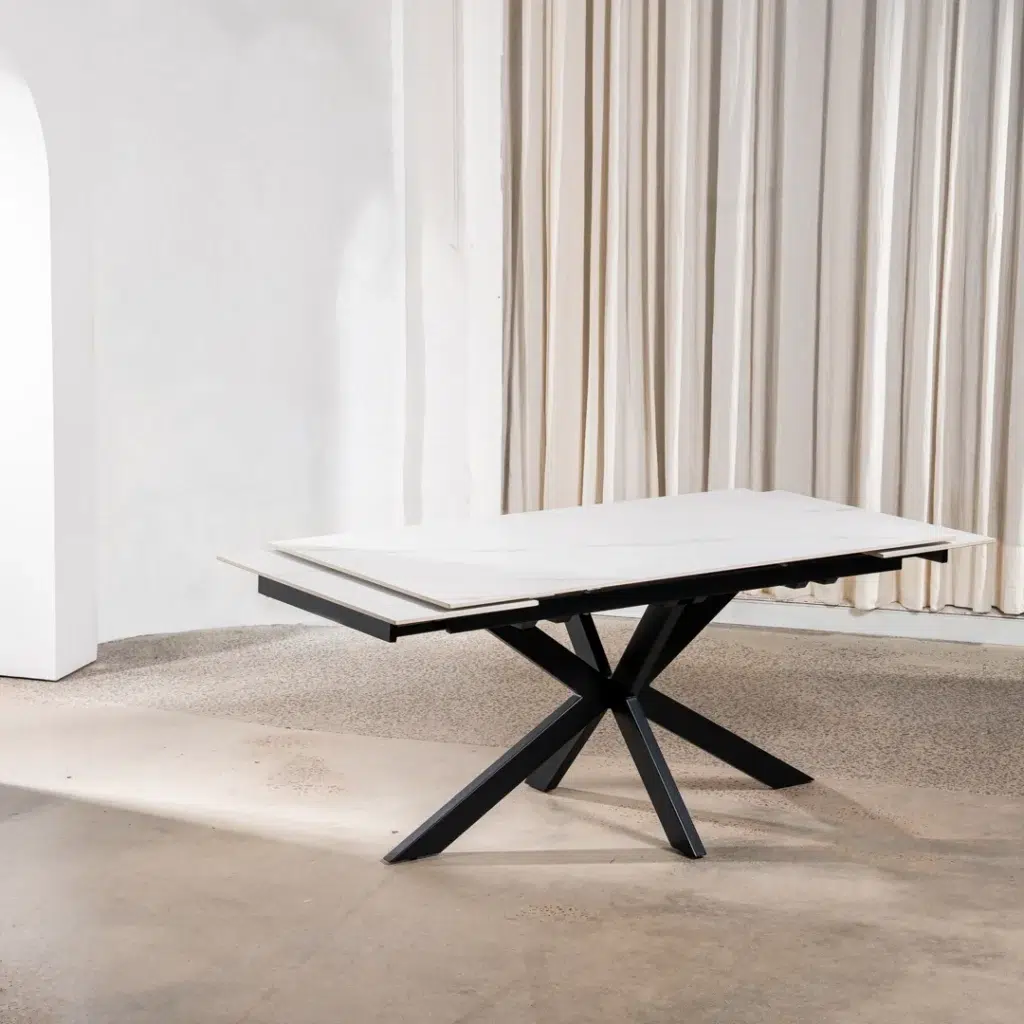 Newcastle Snow White Ceramic Extension Dining Table with Black Metal Base