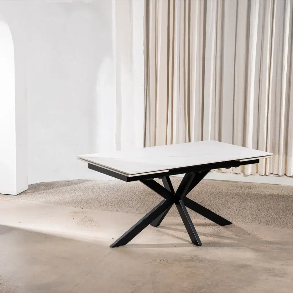 Newcastle Snow White Ceramic Extension Dining Table with Black Metal Base