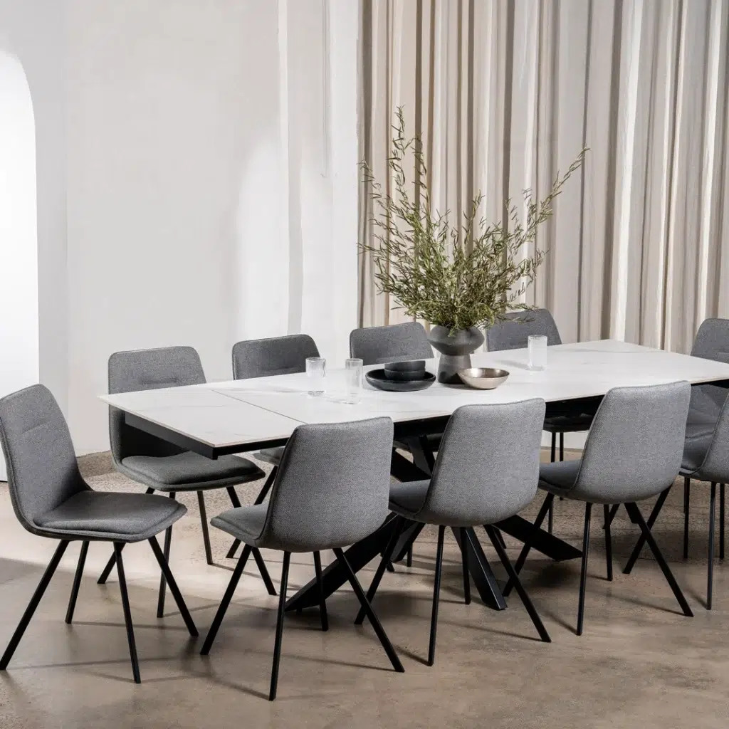 Newcastle Snow White Ceramic Extension Dining Table with Black Metal Base