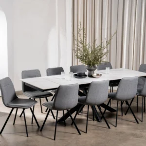 Newcastle Snow White Ceramic Extension Dining Table with Black Metal Base