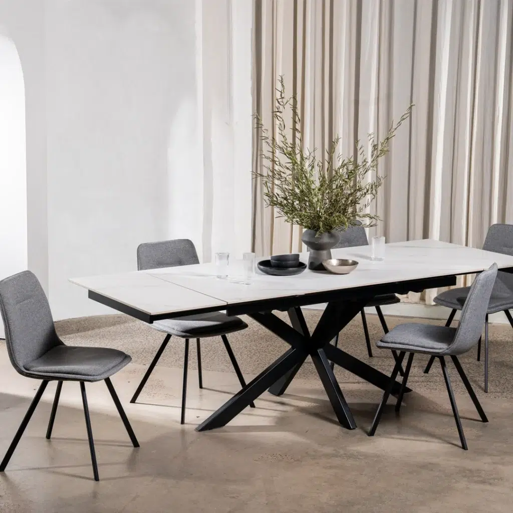 Newcastle Snow White Ceramic Extension Dining Table with Black Metal Base