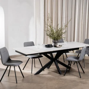 Newcastle Snow White Ceramic Extension Dining Table with Black Metal Base
