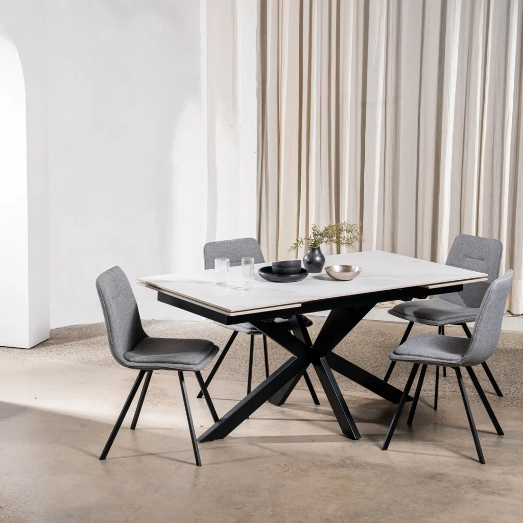 Newcastle Snow White Ceramic Extension Dining Table with Black Metal Base