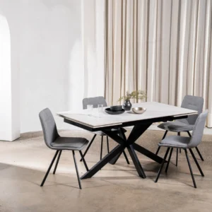 Newcastle Snow White Ceramic Extension Dining Table with Black Metal Base