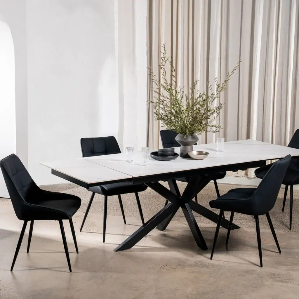 Newcastle Snow White Ceramic Extension Dining Table with Black Metal Base
