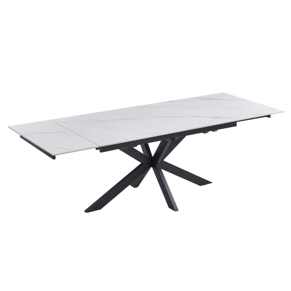 Newcastle Snow White Ceramic Extension Dining Table with Black Metal Base