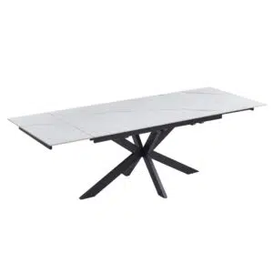 Newcastle Snow White Ceramic Extension Dining Table with Black Metal Base