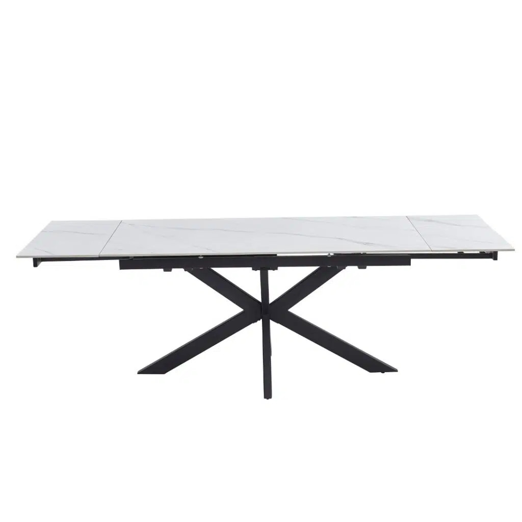 Newcastle Snow White Ceramic Extension Dining Table with Black Metal Base