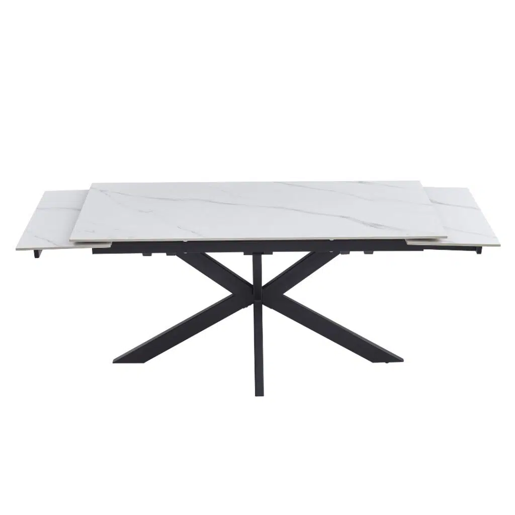 Newcastle Snow White Ceramic Extension Dining Table with Black Metal Base