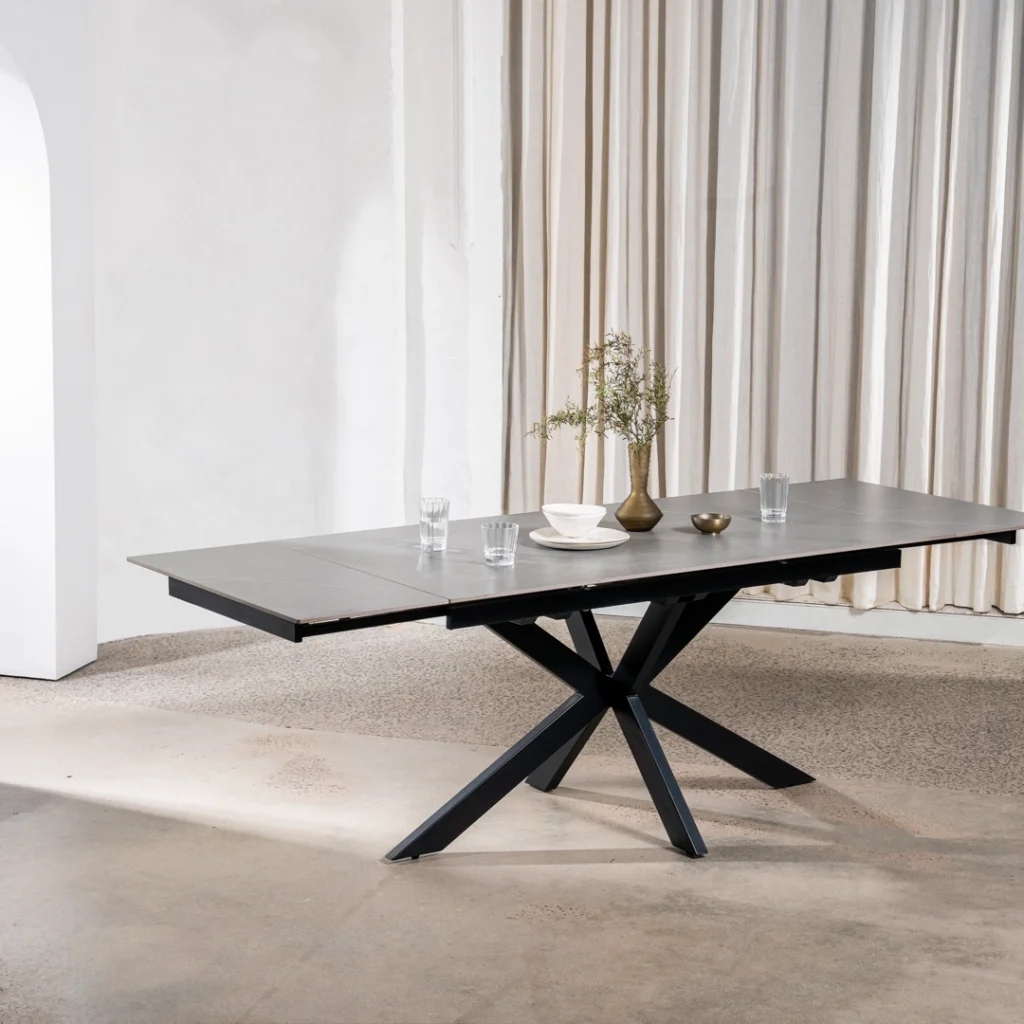 Newcastle Extension Dining Table in Bulgarian Grey Ceramic with black metal frame