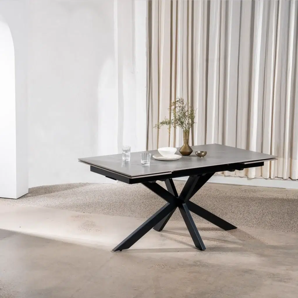 Newcastle Extension Dining Table in Bulgarian Grey Ceramic with black metal frame